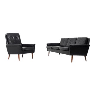 Mid-Century Danish Black Leather Sofa and Lounge Chair, 1950s, Set of 2 For Sale