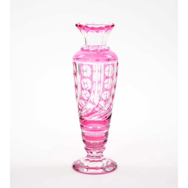 Pink Mid-Century Modern Val Saint Lambert Pink Glass Vases Cut & Etched Decorated For Sale - Image 8 of 10