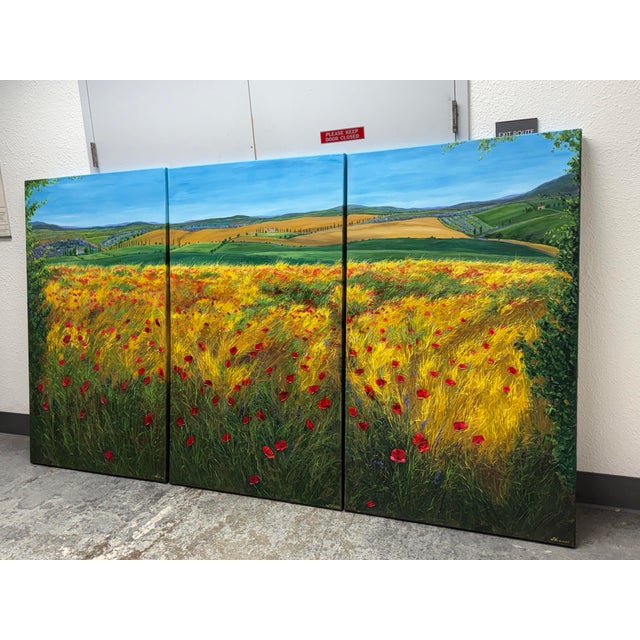 Design Plus Gallery presents a “Heart of Chianti” three-panel landscape painting by Jennifer Vranes. This signed and dated...