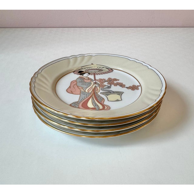 Japanese Vintage Set of 4 "Strolling Geisha" Appetizer Plates by Fitz & Floyd For Sale - Image 3 of 10