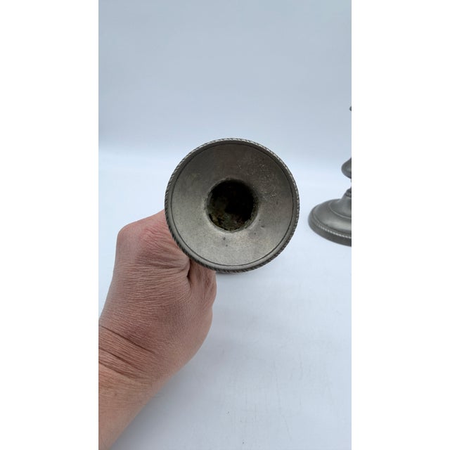 Metal Antique Pair of American Pewter Candlesticks With Push Up Rods, Circa 1820s–1830s For Sale - Image 7 of 14