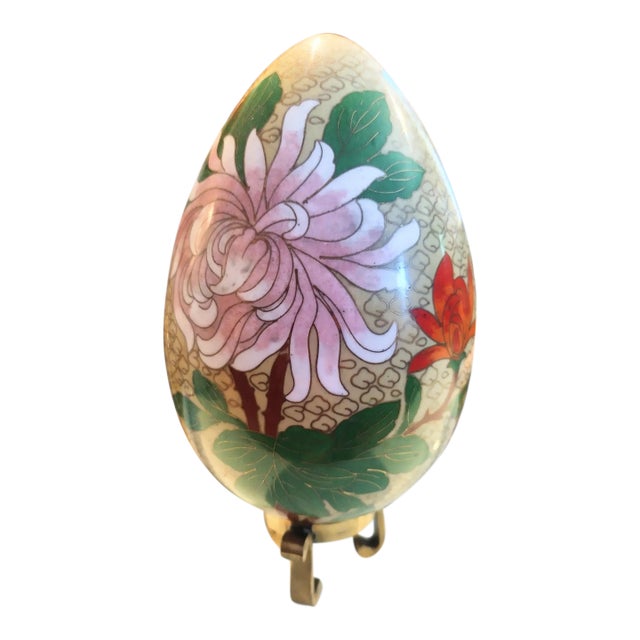 Large Cloisonne Floral Decorative Egg on Brass Stand For Sale