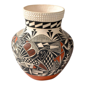 Vallo Native American Vintage Acoma Vase Earthenware Clay Vase Brown White Beige
