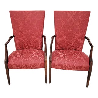 Hickory Chair James River Fisk Federal Style Mahogany Lolling Armchairs in Raspberry Rose Silk Damask - Pair For Sale
