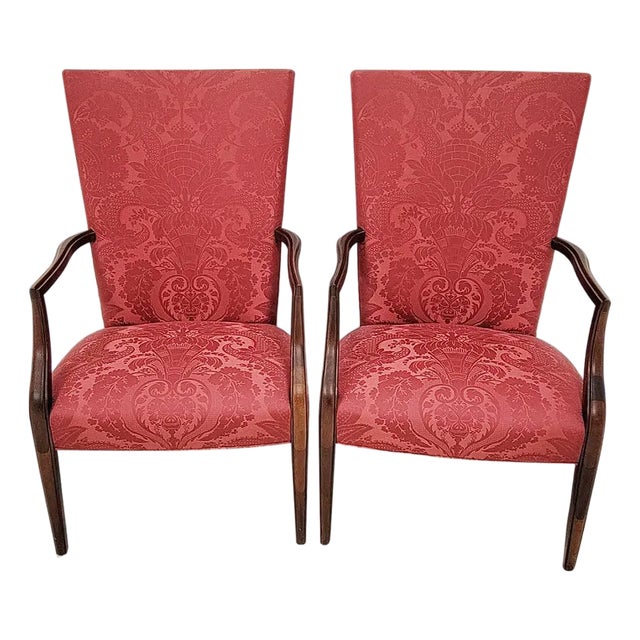 Hickory Chair James River Fisk Federal Style Mahogany Lolling Armchairs in Raspberry Rose Silk Damask - Pair For Sale
