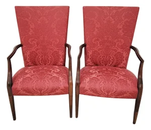 Hickory Chair James River Fisk Federal Style Mahogany Lolling Armchairs in Raspberry Rose Silk Damask - Pair