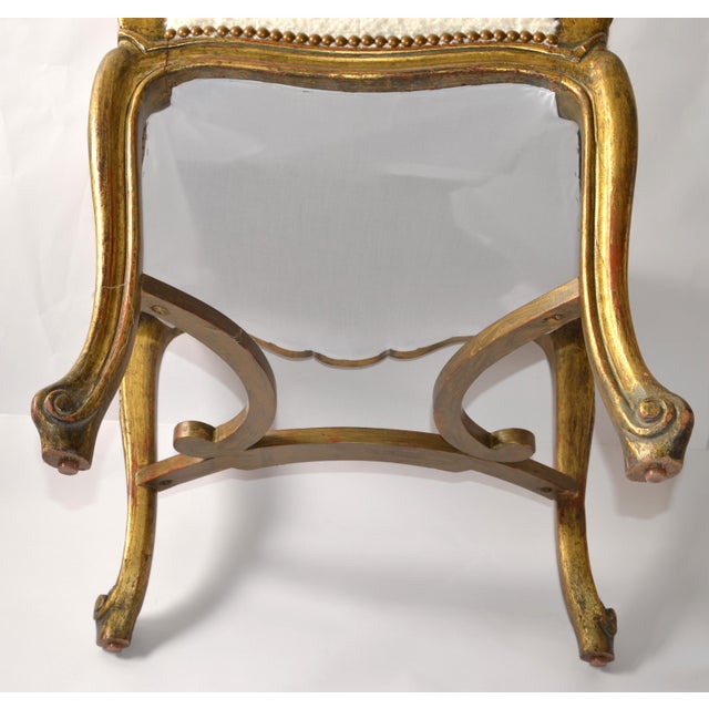 Mid 20th Century Hand-Carved Rococo Louis XV Giltwood Side Chair Bouclé Upholstery Cabriole Legs For Sale - Image 12 of 15