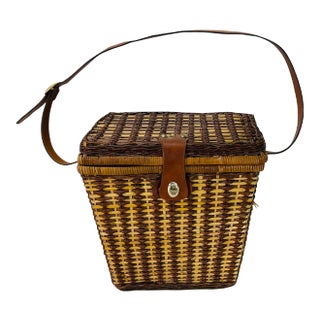 Vintage 1960s Picnic Basket With Shoulder Strap For Sale