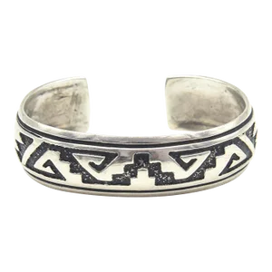 Late 20th Century Navajo Native American Sterling Silver Overlay Cuff Bracelet by Rosita Singer