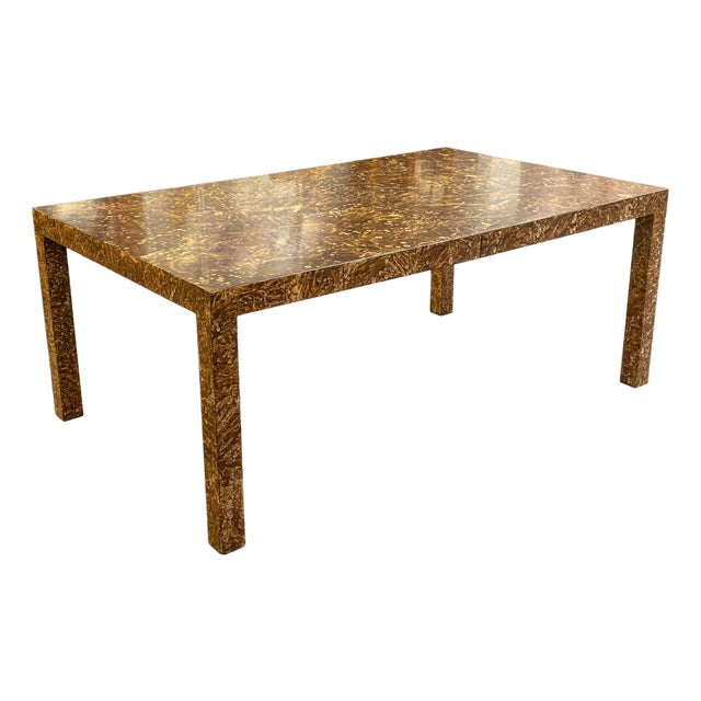 Vintage 1970s Burlwood Style Brown Laminate Parsons Dining Table With Leaves For Sale
