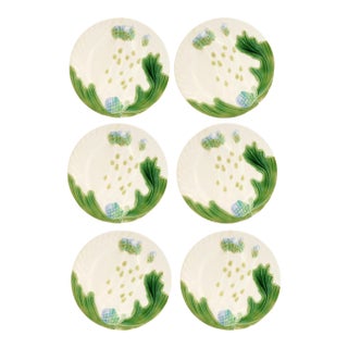 Early 20th Century French Majolica Asparagus & Artichoke Plates - Set of 6 For Sale