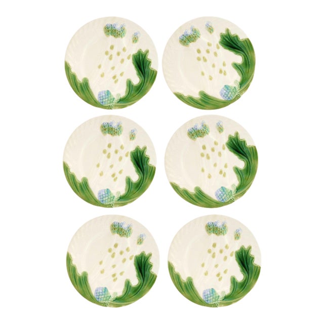 Early 20th Century French Majolica Asparagus & Artichoke Plates - Set of 6 For Sale