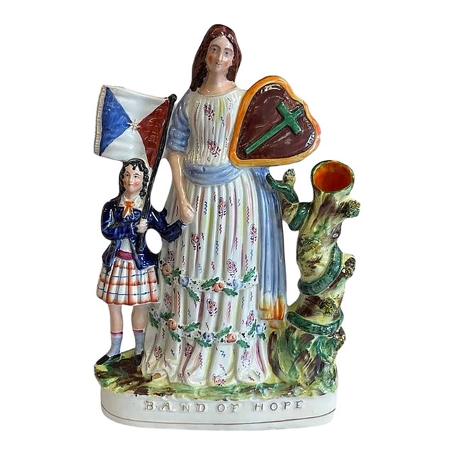 Mid 19th Century Staffordshire "Band of Hope" Spill Vase With Woman and Boy For Sale