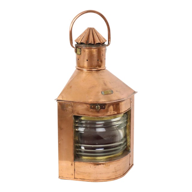 Large Vintage Ships Lamp in Red Copper with Fresnel Lens For Sale - Image 11 of 15