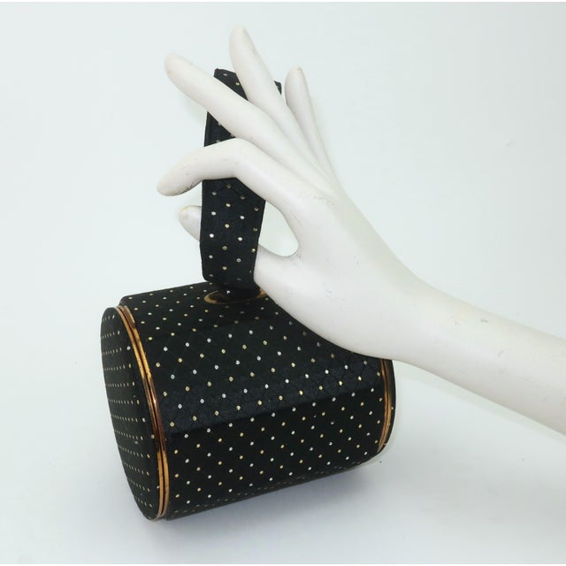 Lin Bren Compact Barrel Shaped Black & Metallic Handbag, 1940's For Sale - Image 11 of 12