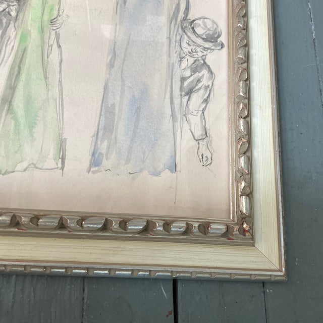 Modern 1950’s Original Watercolor / Pencil Three Men Behind Curtain Painting For Sale - Image 3 of 4