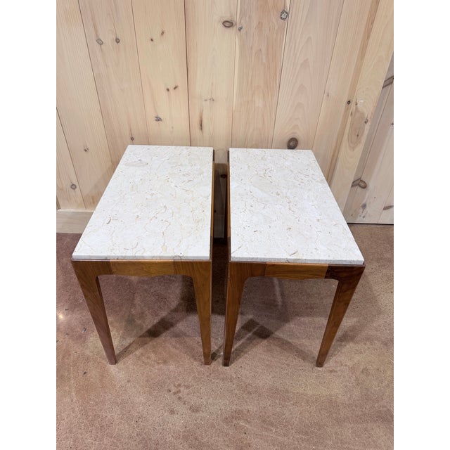 Wood Vintage Rhythm Mid-Century Walnut & Marble Side Tables, Pair For Sale - Image 7 of 7