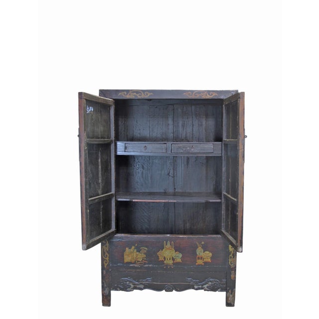 Hand Painted Flower 2 Panel Doors Antique Chinese Cabinet For Sale - Image 14 of 16