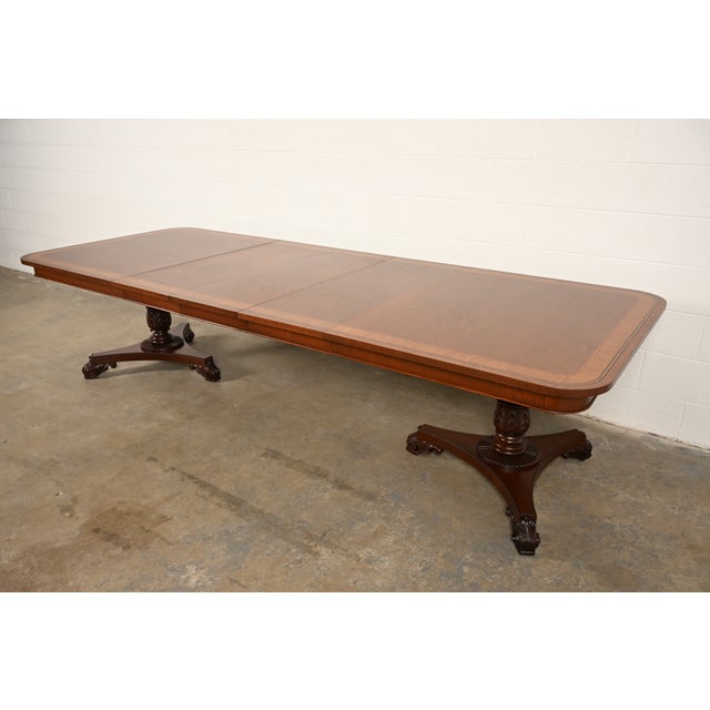 Baker Furniture Regency Banded Mahogany Double Pedestal Extension Dining Table, Newly Refinished For Sale - Image 15 of 15