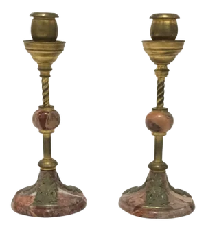 1920s Art Deco Antique Marble and Brass Candlesticks - a Pair