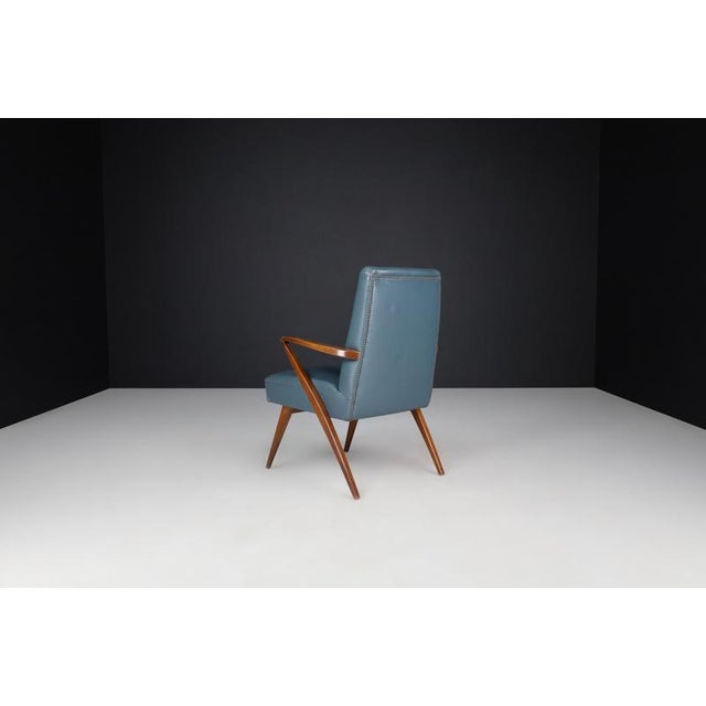 Mid-Century Modern French Armchair in Blue Leather, 1950s For Sale - Image 4 of 11