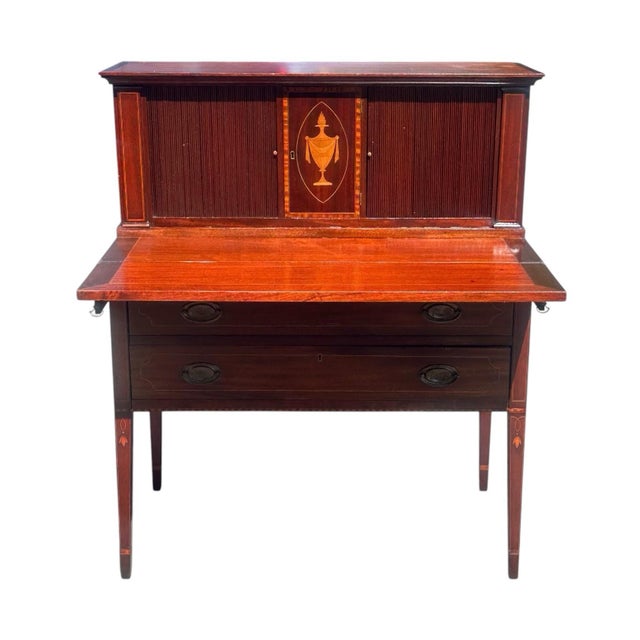 Traditional Antique Federal Style Boston Mahogany Tambour Ladies Desk With Grecian Urn Inlay For Sale - Image 3 of 12