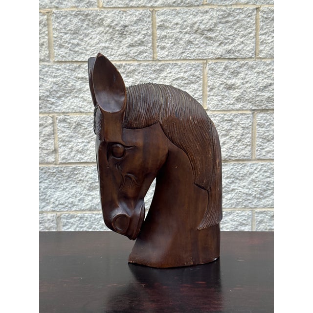 American Mid 20th Century Large Hand-Carved Wood Horse Head Sculpture For Sale - Image 3 of 12
