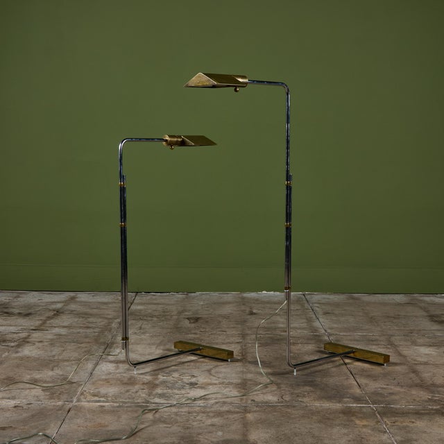 Mid-Century Modern Pair of Cedric Hartman T Base Parallel Bar Brass and Stainless Steel Floor Lamps For Sale - Image 3 of 18