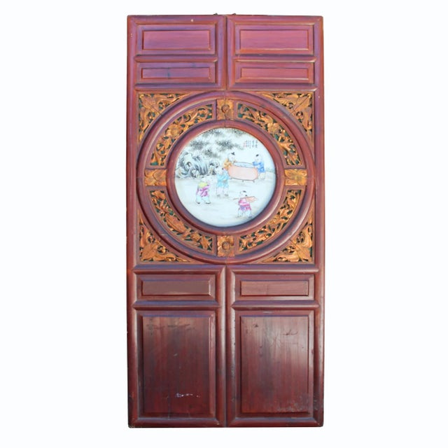 Chinese Vintage Round Porcelain Scenery Wood Wall Panel Art For Sale - Image 4 of 7
