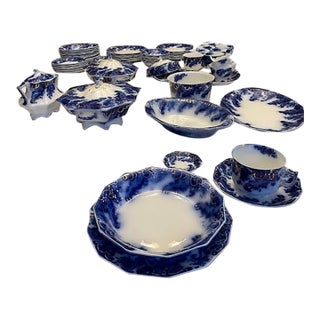 64 Piece Flow Blue Grindley 1886, England Argyle Pattern Dinnerware Set For Sale