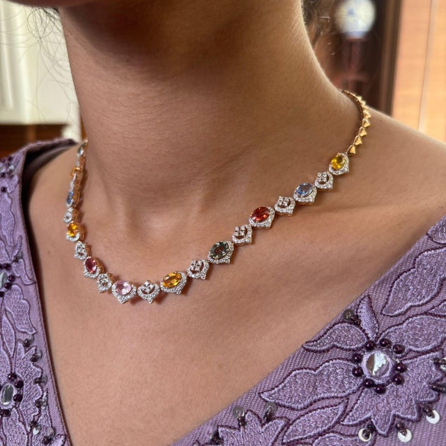 Natural multi sapphire 8.85cts & diamond 2.50cts necklace in 18k gold For Sale - Image 10 of 18