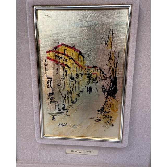 Gold Italian Gold Leaf Pino Collection Cityscape by R. Pighetti, 1970s For Sale - Image 8 of 9