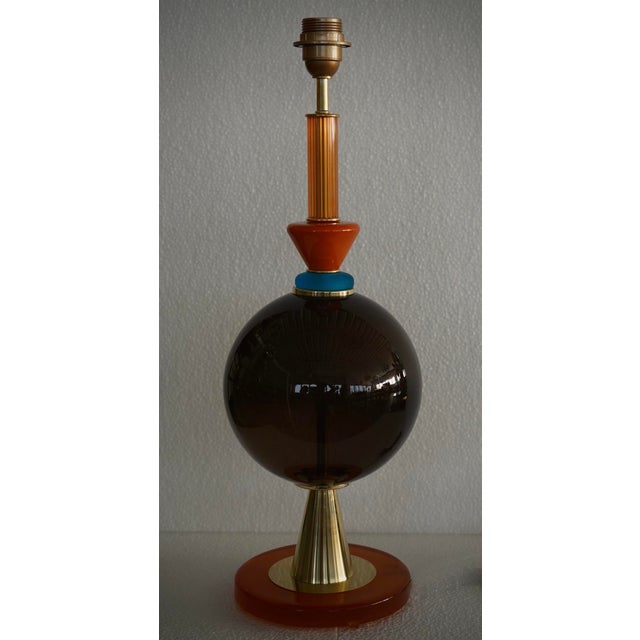 Metal Art Deco Murano Round Black and Orange Art Glass Table Lamp, 2000 For Sale - Image 7 of 10