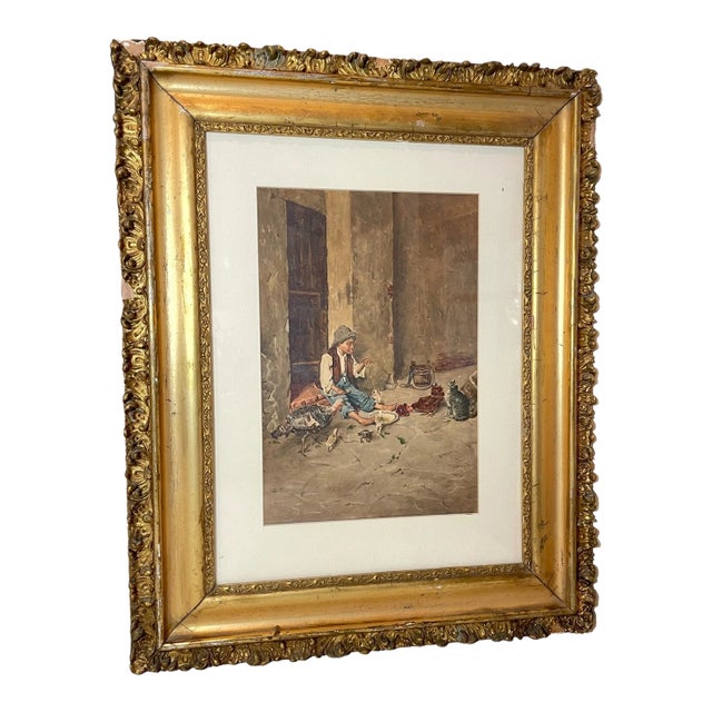 Share Antique 1800's G Guerrini Original Gouache Watercolor Poor Boy Animals Painting For Sale