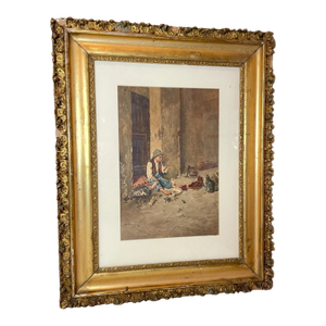 Share Antique 1800's G Guerrini Original Gouache Watercolor Poor Boy Animals Painting