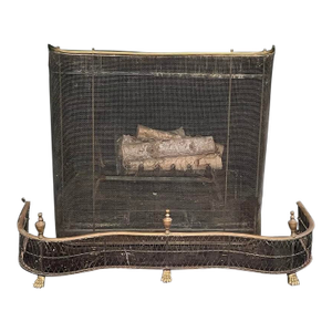 Antique Brass Fireplace Fender, Screen & Tools Set—5 Pieces