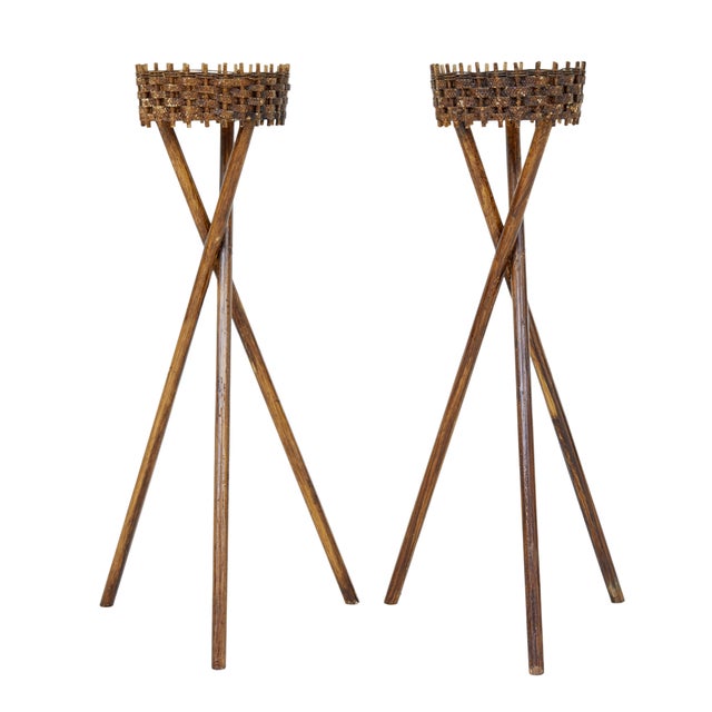 Wood Mid-Century Woven Plant Stands, 1950, Set of 2 For Sale - Image 7 of 7