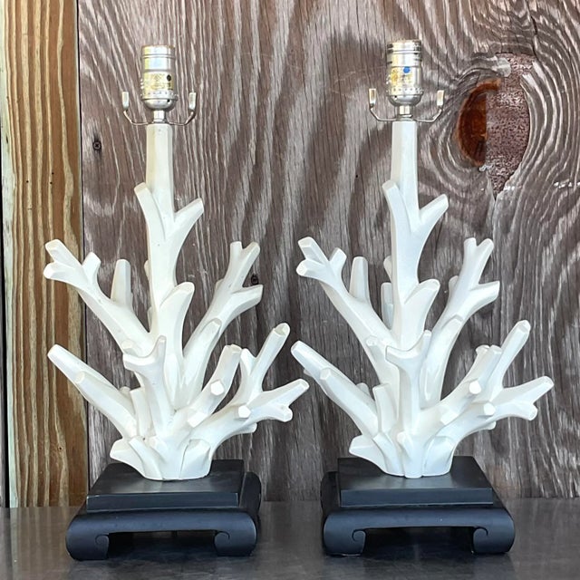 Boho Chic Vintage Coastal Coral Branch Wood Lamps - a Pair For Sale - Image 3 of 7