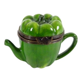 Limoges France Porcelain Green Pepper Tepot Trinket Box | Hand Painted by Jd Artisan Decorating Studio For Sale