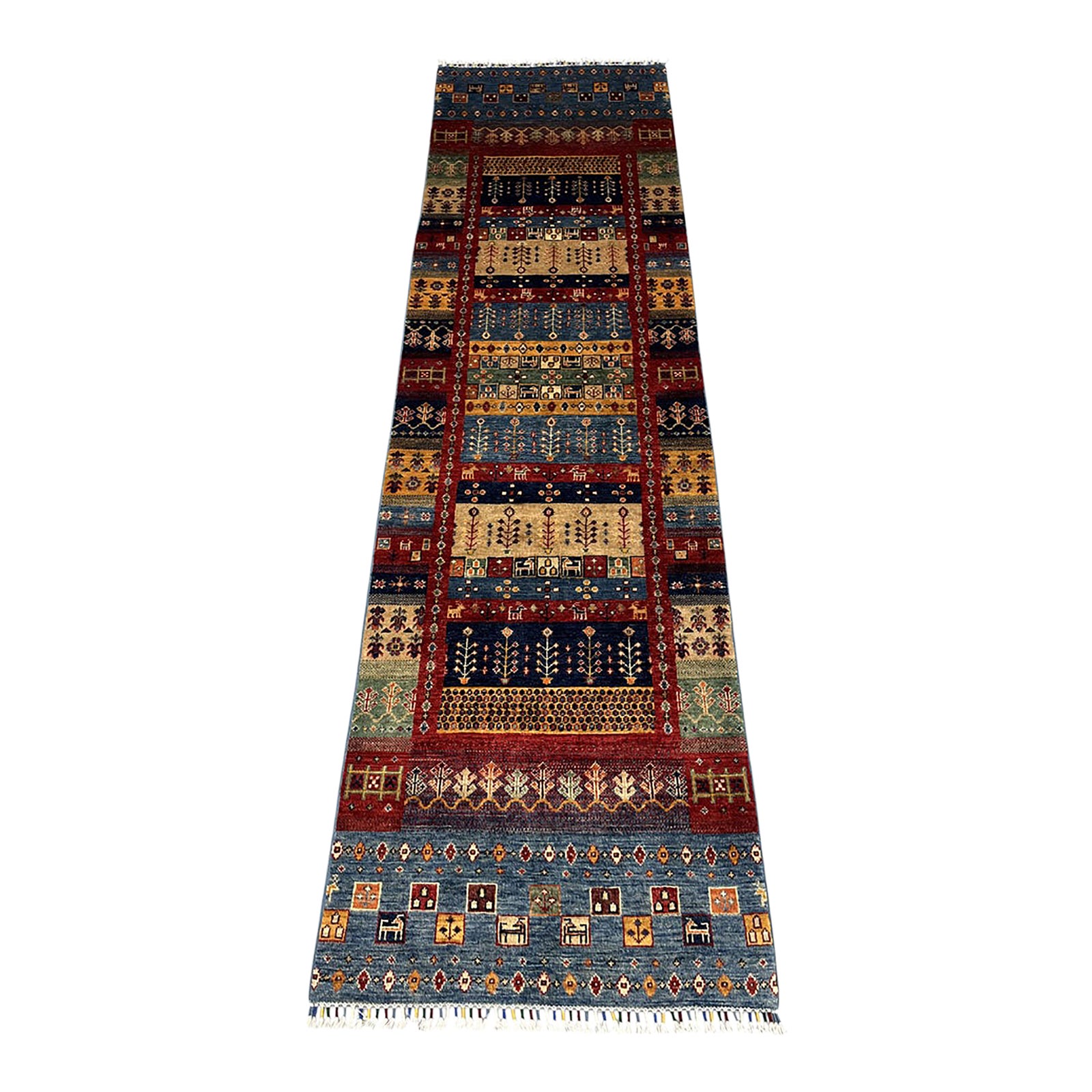 Sultani Khorjin Design Wool Runner in Blue and Red, 2'7