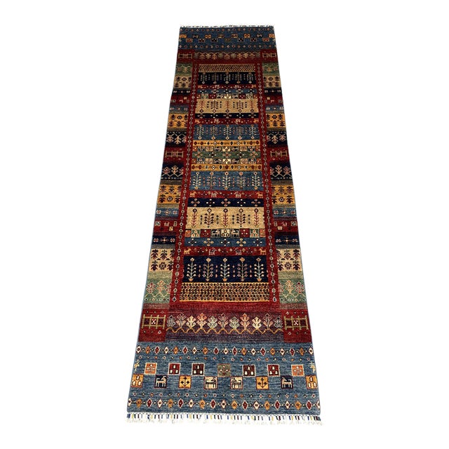 Sultani Khorjin Design Wool Runner in Blue and Red, 2'7" X 9'6" For Sale