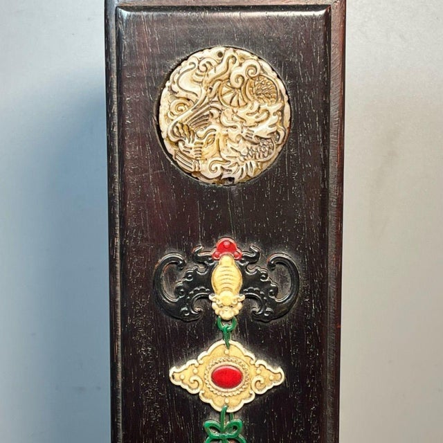Vintage Ebonized Wood Carved Box | Chinese Auspicious Knot Inlay | Dragon Trinket Box For Sale In Los Angeles - Image 6 of 9