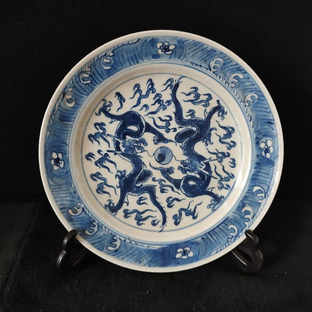 Chinese Ceramic Plate,Blue and White Porcelain Plate Hand Painted Dragon Pattern For Sale - Image 4 of 11