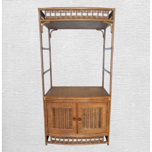 1980s Vintage Huge Ficks Reed Style Wicker Wood Chippendale Storage Corner Tv Cabinet- 3 Piece Set For Sale - Image 5 of 10