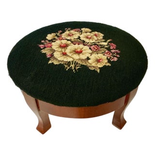Mid-Century Boho Chic Folk Art Traditional Needlepoint Footstool For Sale