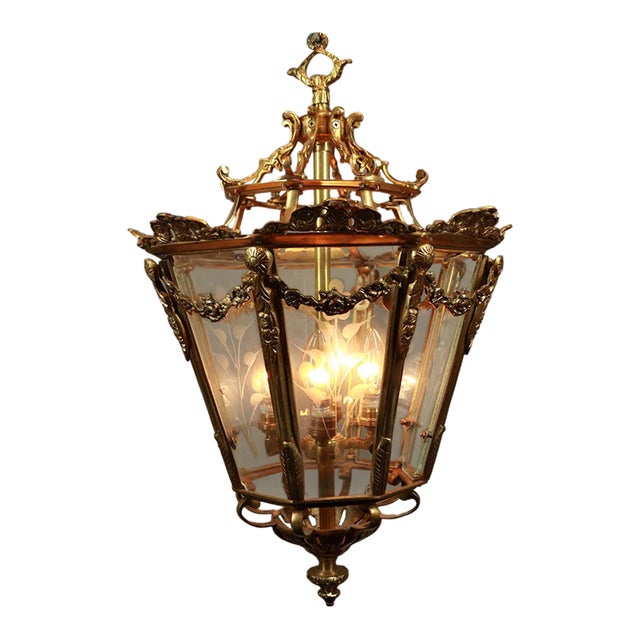 1970 Handcrafted Louis XVI Gold Bronze Glass Chandelier Lantern For Sale