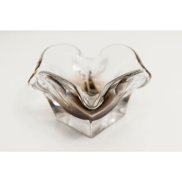 Square Murano glass ashtray, 1960s, transparent and brown. It is in fairly good condition despite a very small chip in one...