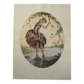 Vintage Hand Colored Engraving of a Young Woman For Sale