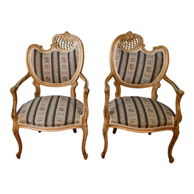 1920 Antique Pair of French Hand Painted Spring-Seat Chairs / New Upholstery For Sale
