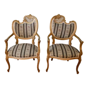 1920 Antique Pair of French Hand Painted Spring-Seat Chairs / New Upholstery
